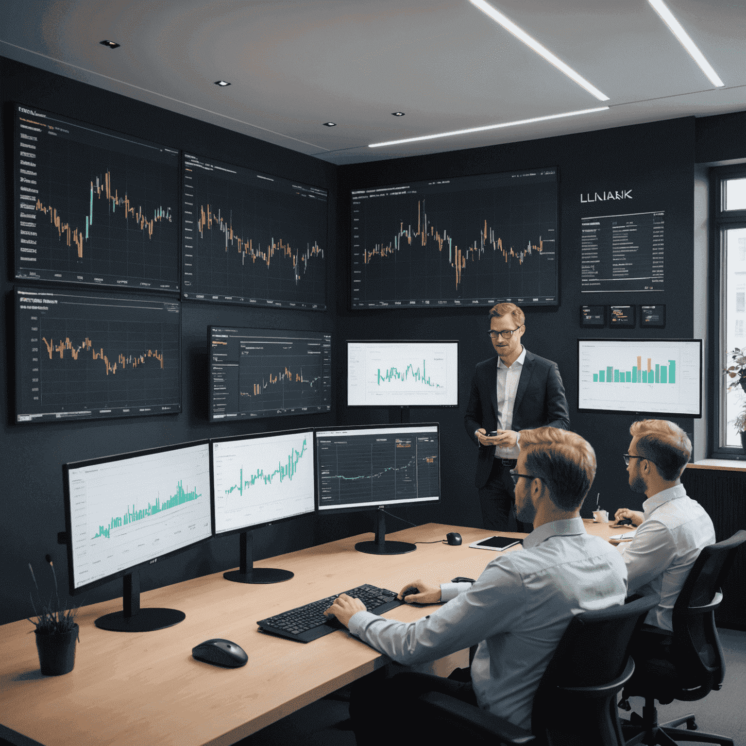 The nlunak.com team of financial analysts and investment professionals gathered in their modern Helsinki office, discussing investment strategies in front of large screens displaying market data and charts