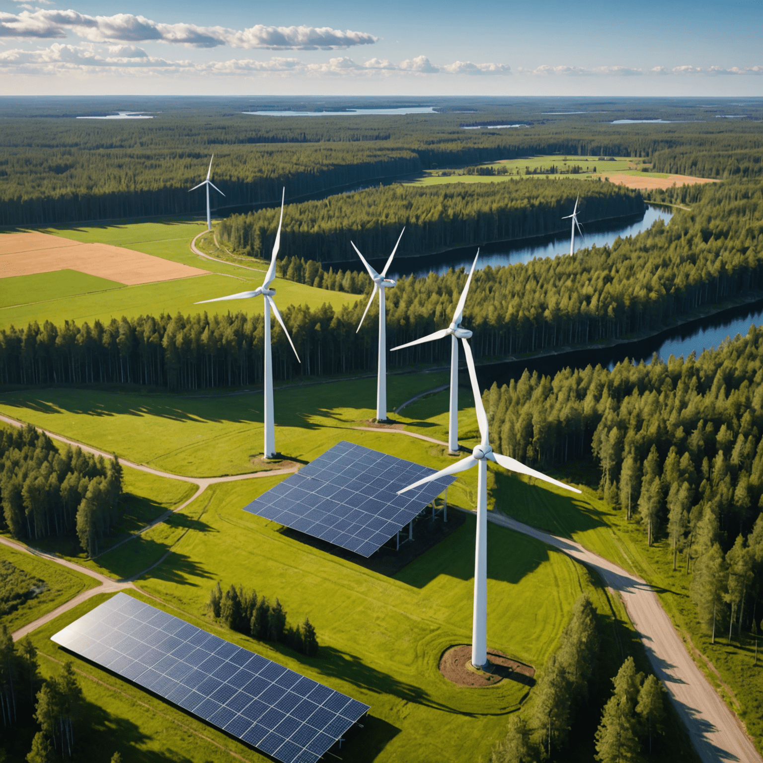 Wind turbines and solar panels in a Finnish landscape, representing green energy investments