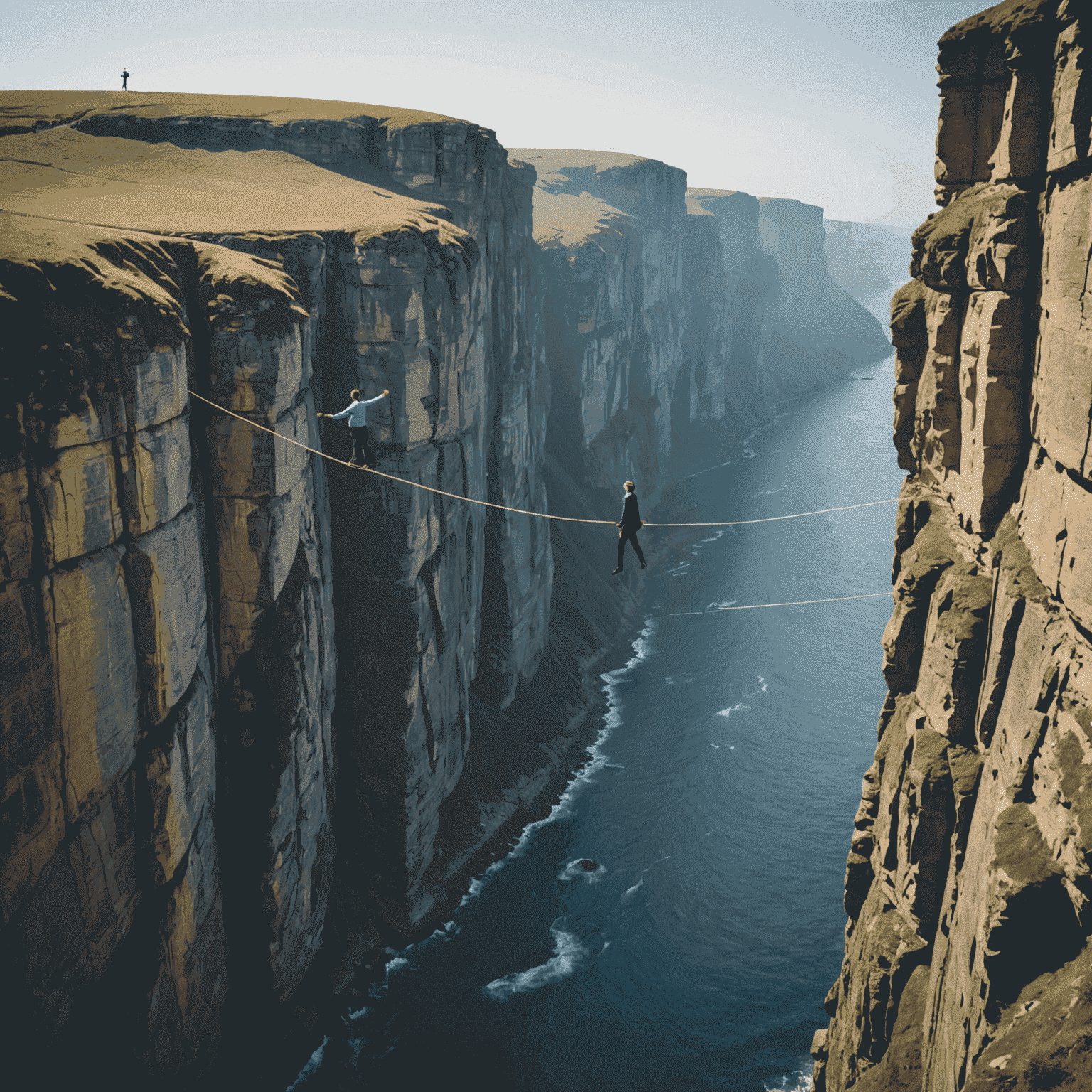 A person balancing on a tightrope between two cliffs, with one side showing high-risk investments and the other showing low-risk investments, illustrating risk tolerance in portfolio management