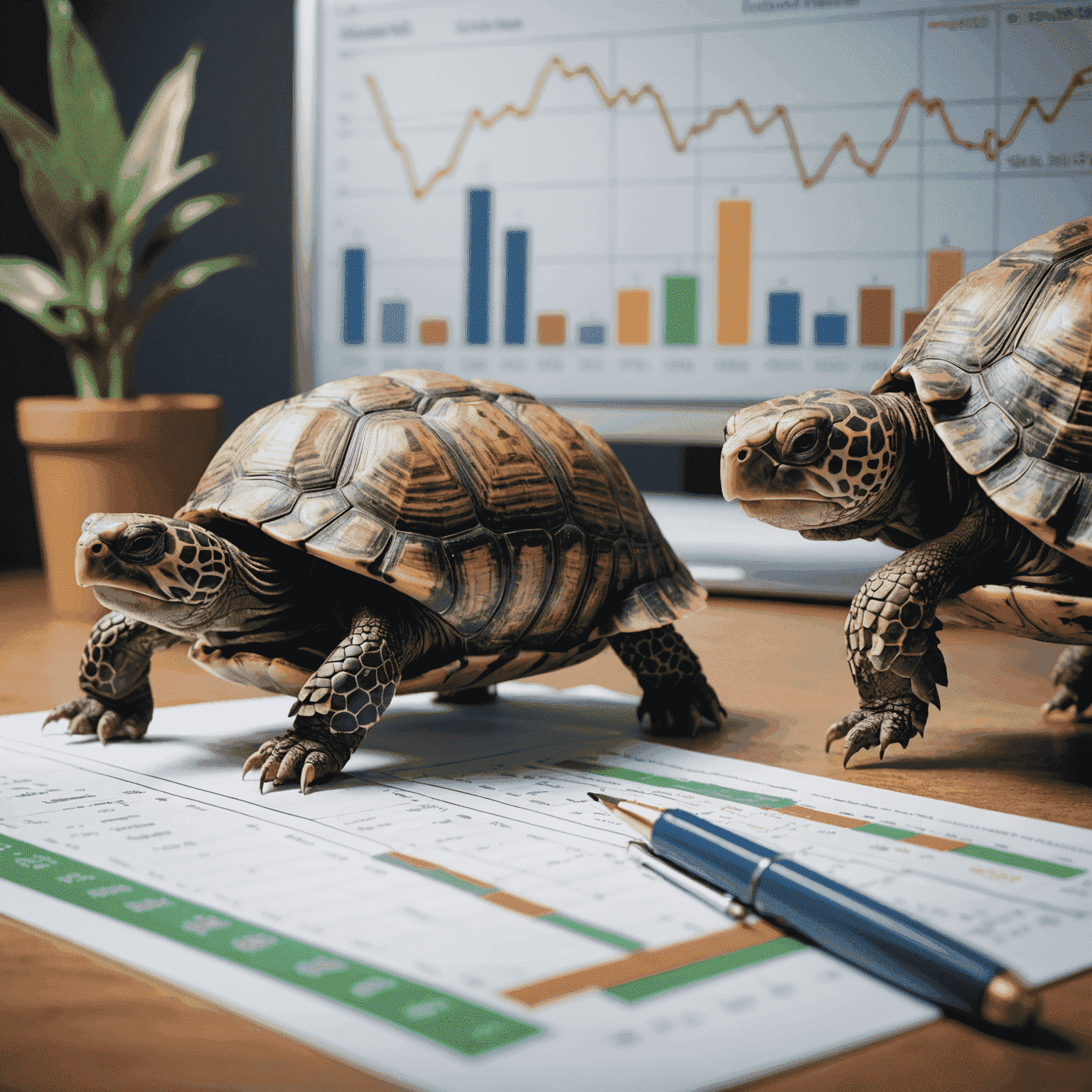 A split image showing a tortoise representing long-term investing and a hare representing short-term investing, with financial charts in the background